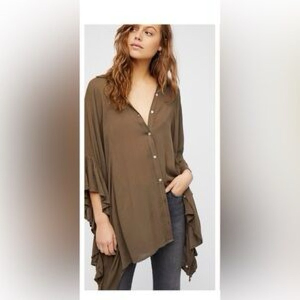 Free People Khaki Button-Down Blouse